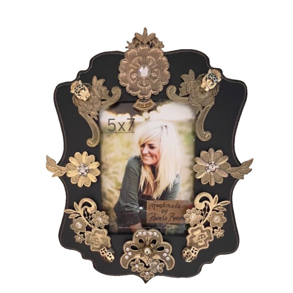 Handcrafted Unique Photo Frame 5 x 7 Black & Gold Jewel Accents Birthday Gift